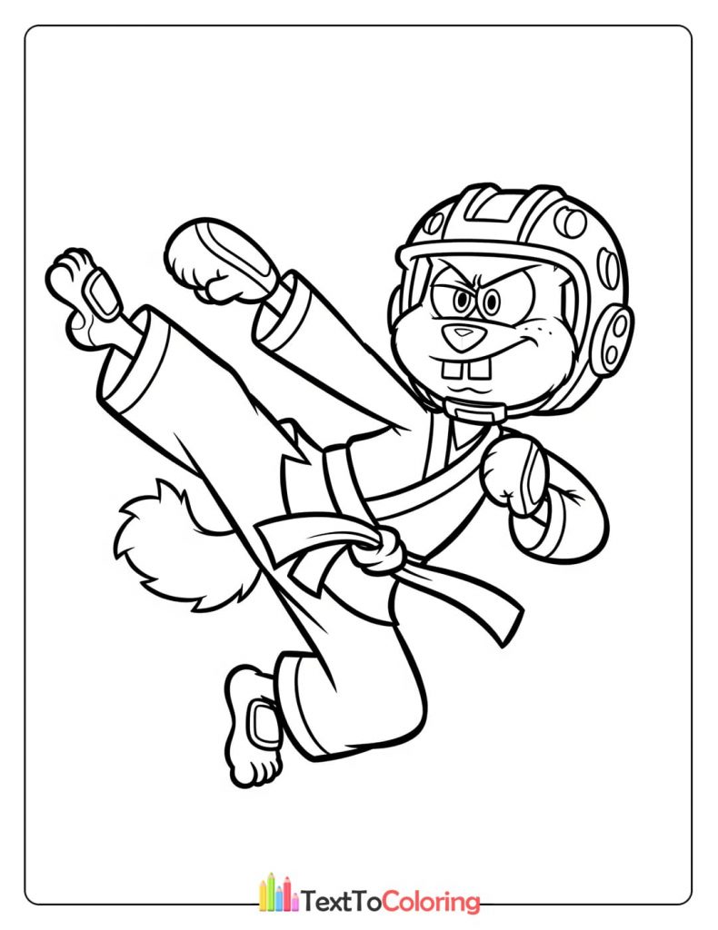 Free printable coloring page of Sandy Cheeks practicing karate