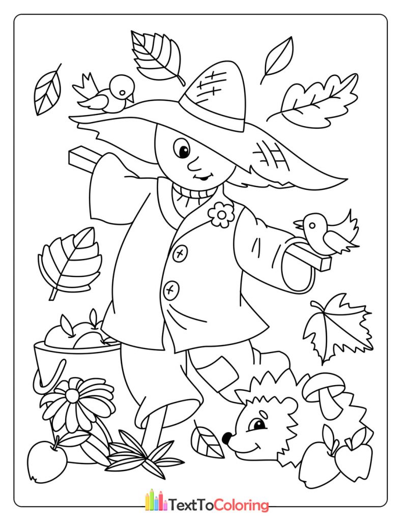 Fun printable autumn coloring page with a scarecrow, leaves, and woodland animals.
