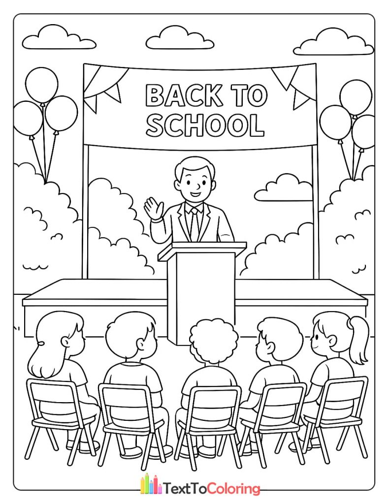 Printable coloring page of a teacher speaking at a school assembly outdoors