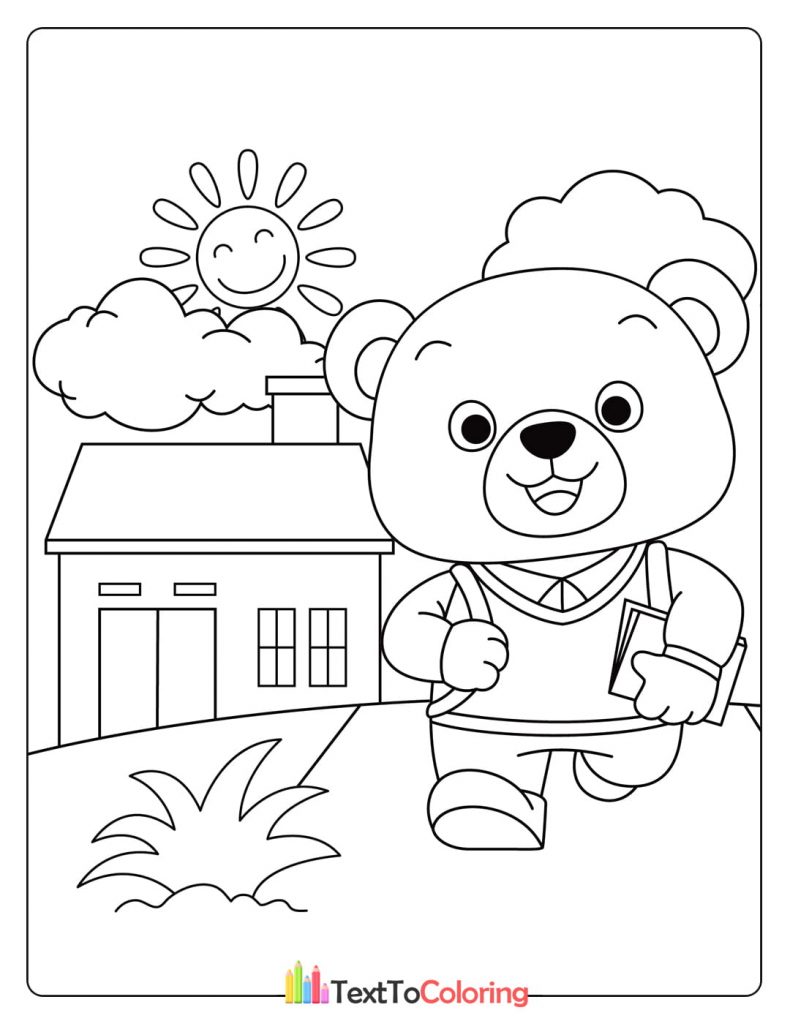 Cute bear mascot wearing a school uniform in front of a school building