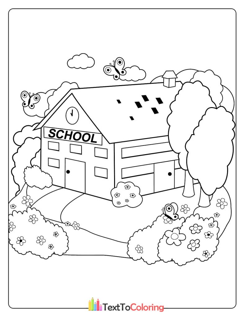 Printable coloring page of a school building surrounded by trees and bushes.