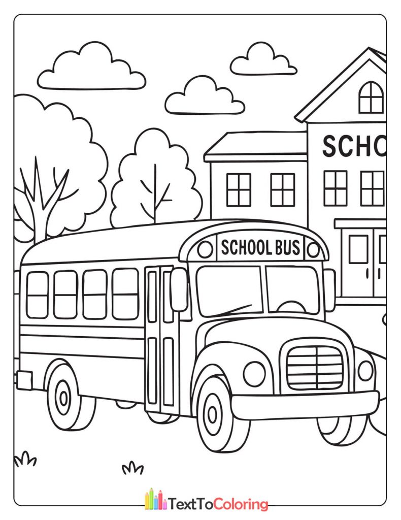 Printable coloring page of a school bus arriving at the school building.