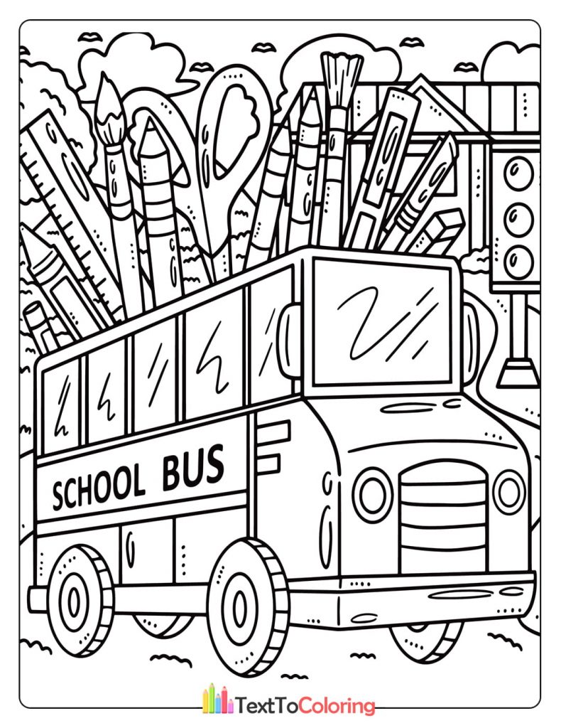 Fun coloring page of a school bus filled with pencils, rulers, and art supplies.