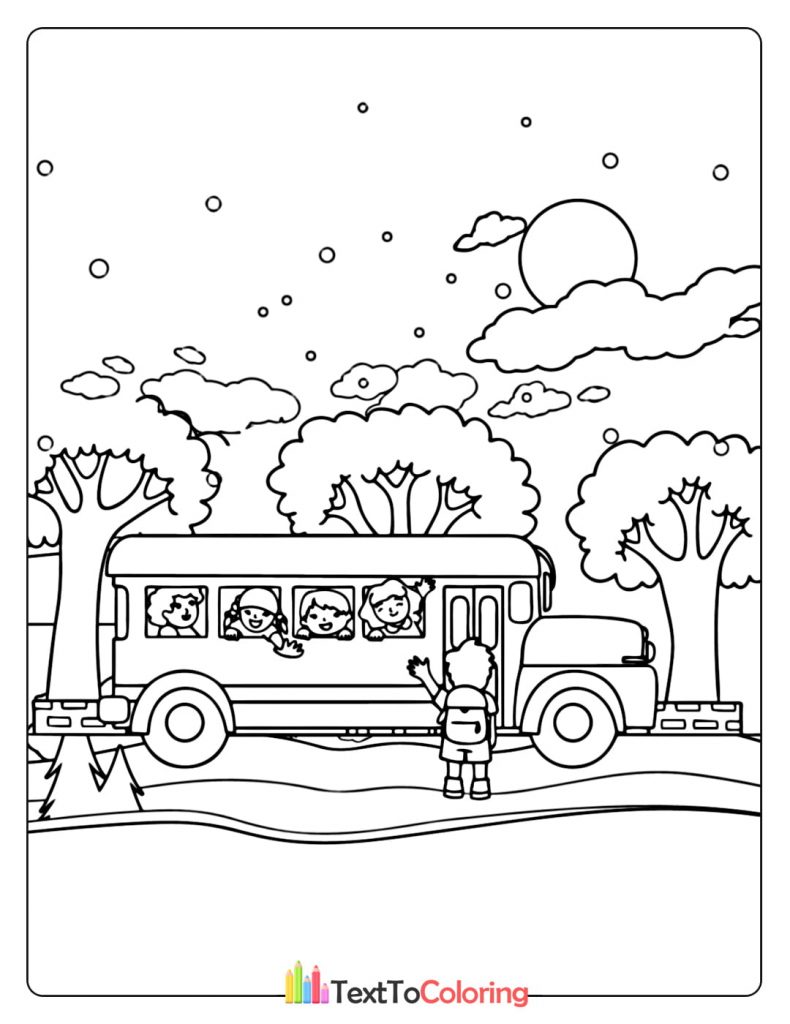 Printable coloring page of a school bus parked under trees at sunset.