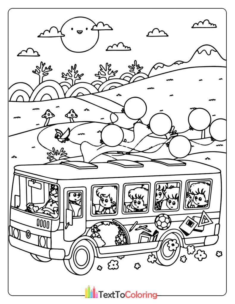 Coloring page of a school bus driving through a countryside landscape with rainbow.