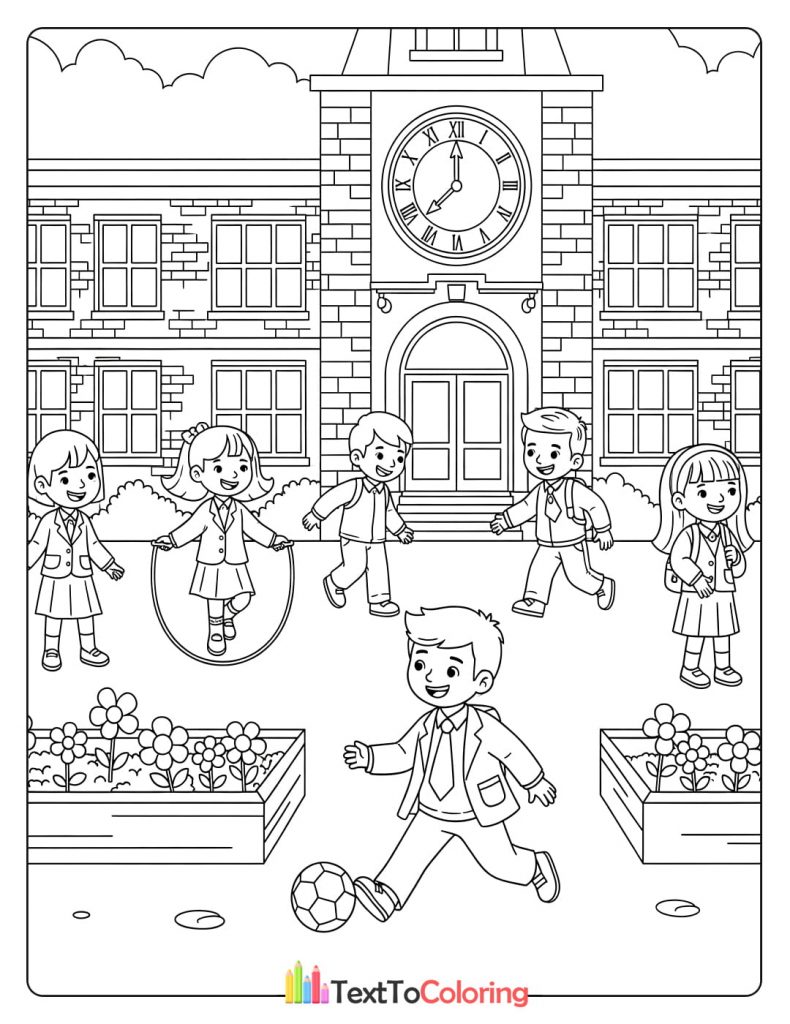 Coloring page of children playing in the school courtyard with clock tower building.