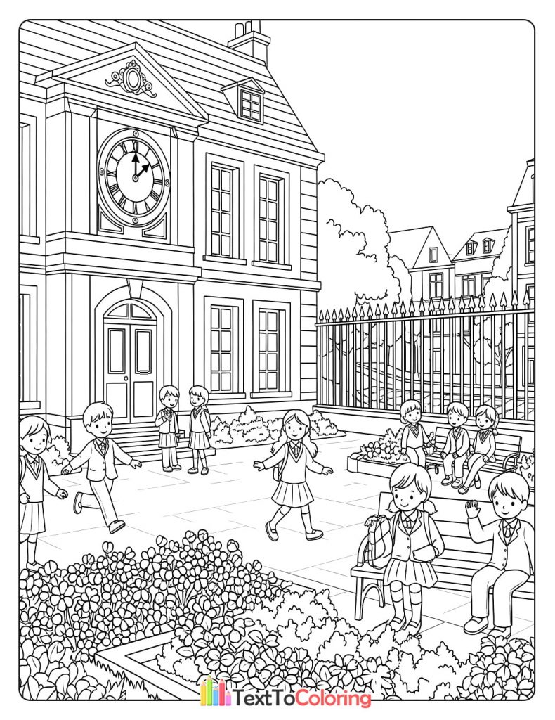 Printable coloring page of children walking through the school entrance gate.