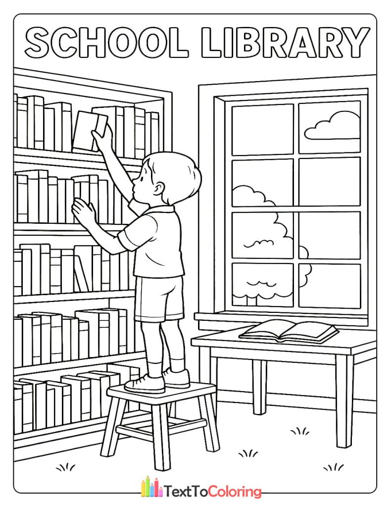 Printable coloring page of a boy choosing a book in the school library.