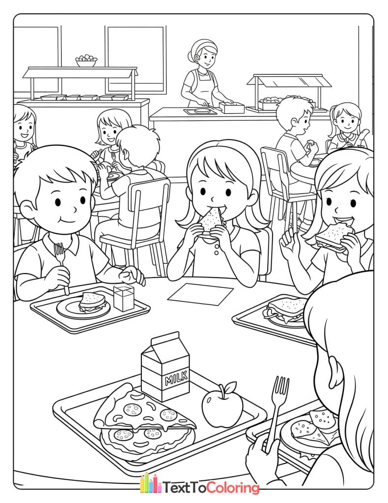 Printable coloring page of children eating lunch in the school cafeteria.