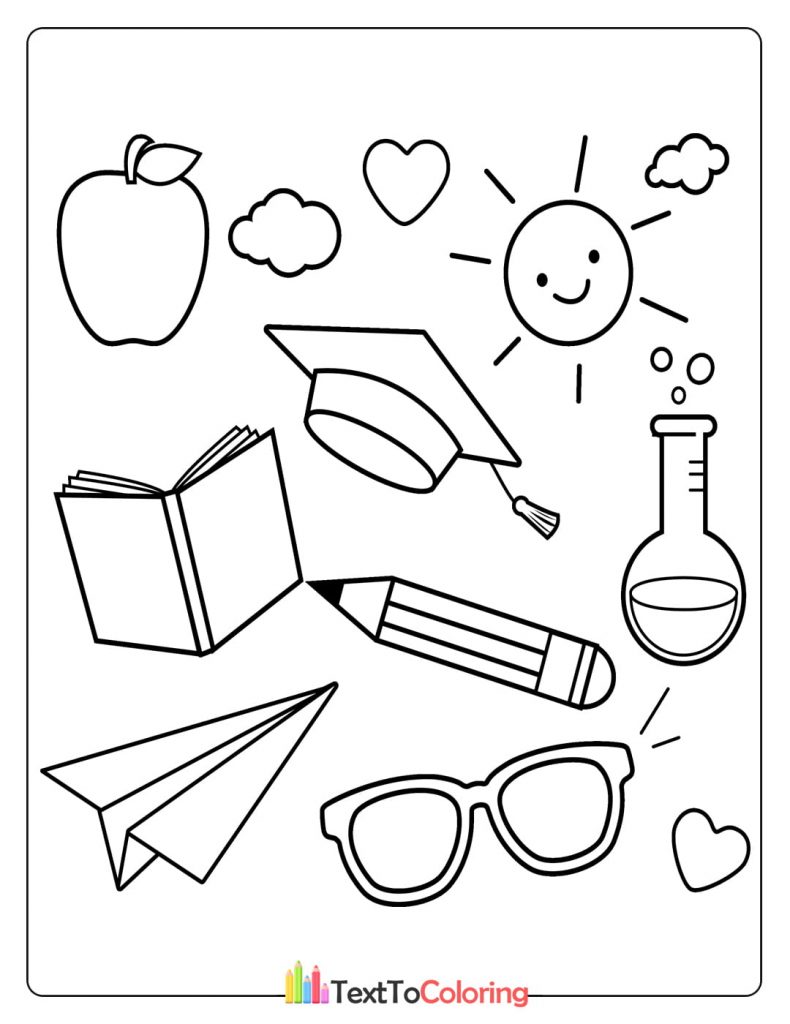 Coloring page with various school supplies such as books, pencils, paper airplane, and science beaker.