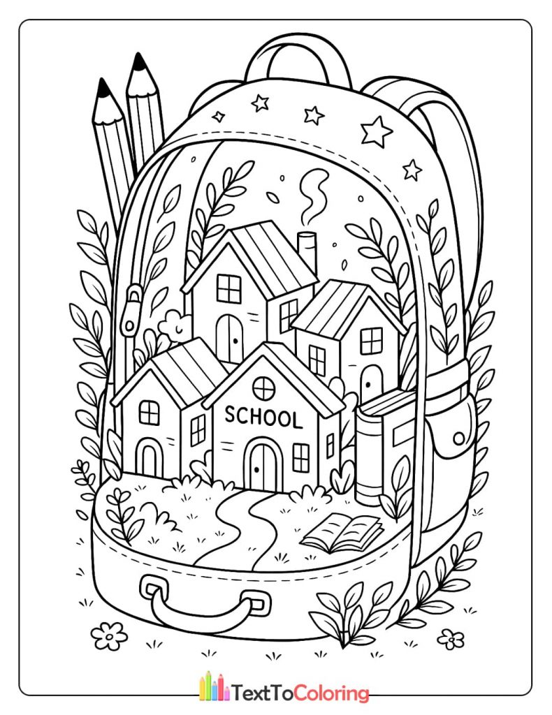 A coloring page of a tiny school and houses located inside a backpack.