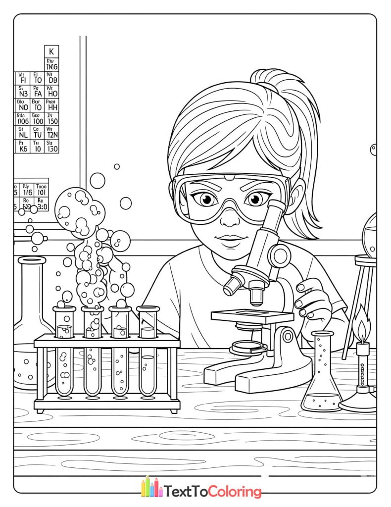 Coloring page of a girl doing a science experiment with test tubes and beakers.