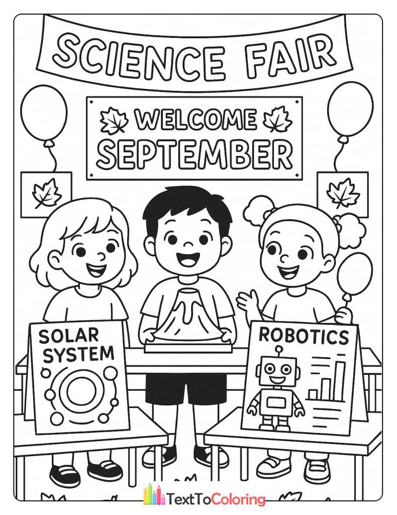 A science fair coloring page with three students presenting their projects on solar systems, volcanoes, and robotics.