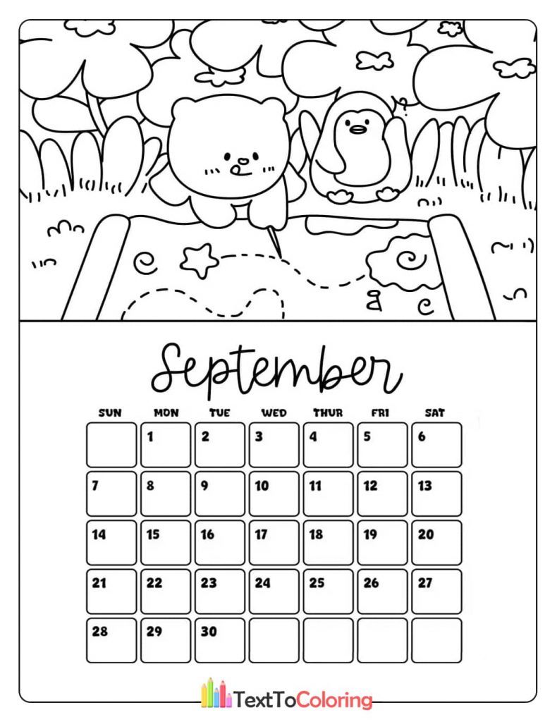 A September 2025 calendar coloring page showing a cute bear and a penguin holding hands in a field of flowers.