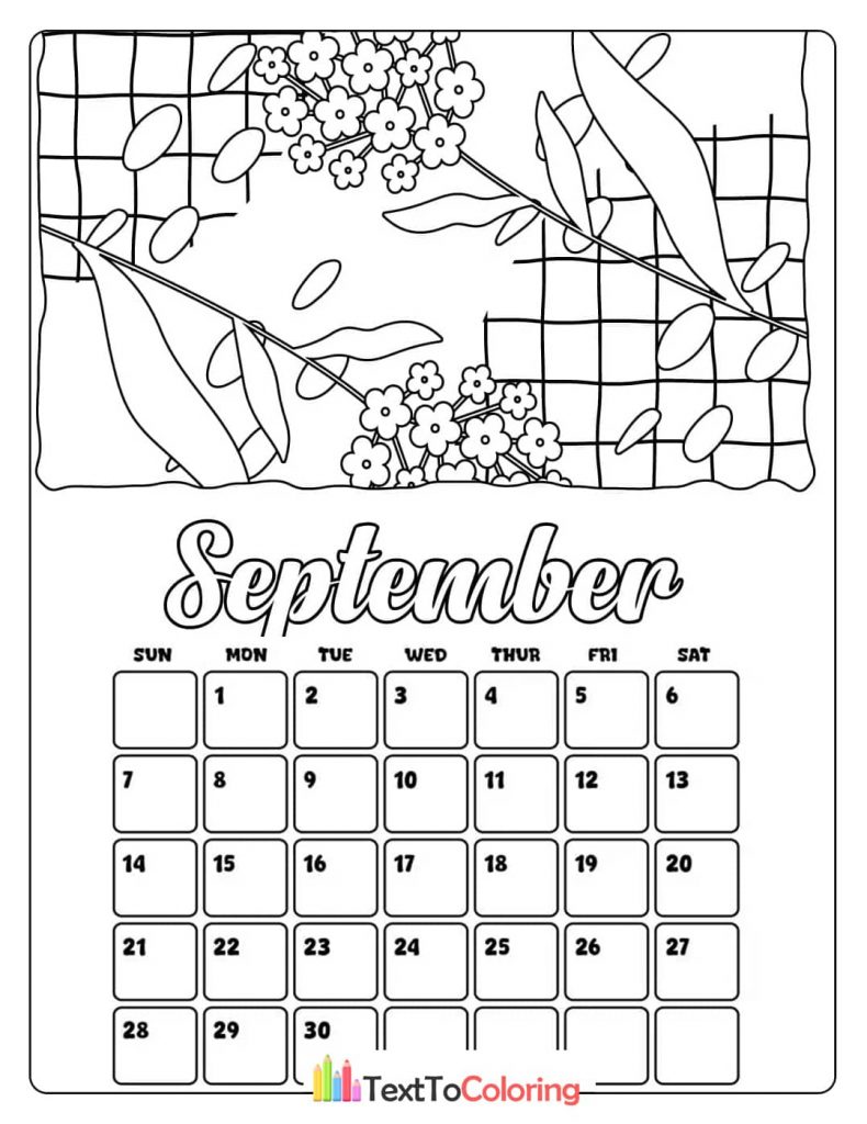 A unique September 2025 calendar coloring page with a border of flowers and leaves on a checkered background.