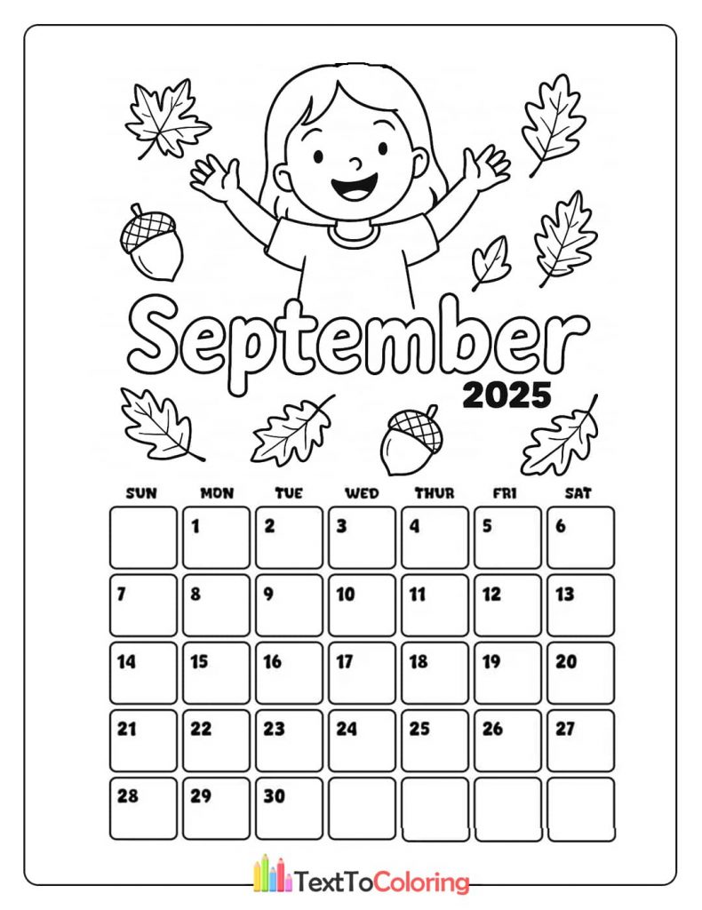A simple September 2025 calendar coloring page with a cheerful girl, surrounded by acorns and fall leaves.