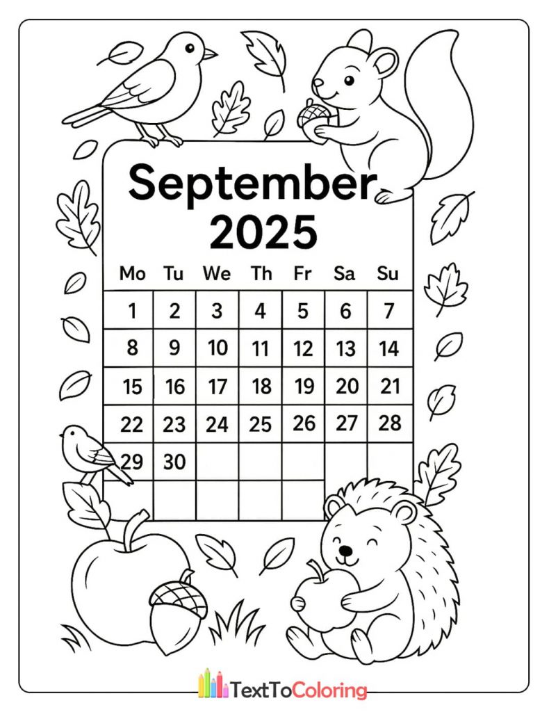 A September 2025 calendar coloring page with a hedgehog, a squirrel, birds, and an apple, surrounded by fall leaves.