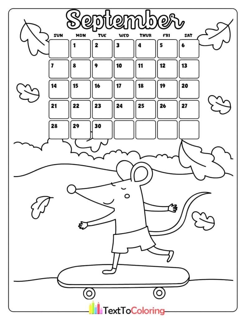A September 2025 calendar coloring page featuring a mouse skateboarding, surrounded by fall leaves and clouds.