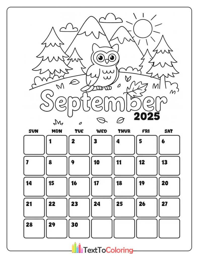 A September 2025 calendar coloring page with a friendly owl sitting in a mountain landscape, surrounded by trees.