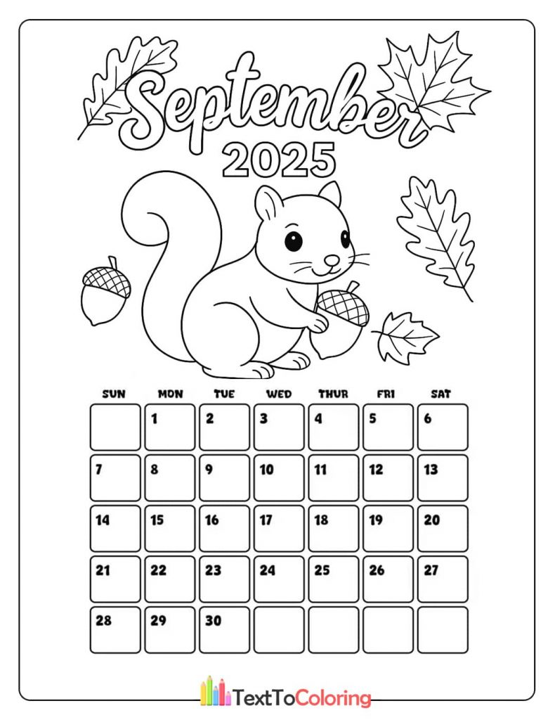 A September 2025 calendar coloring page with a cute squirrel holding an acorn, surrounded by fall leaves.