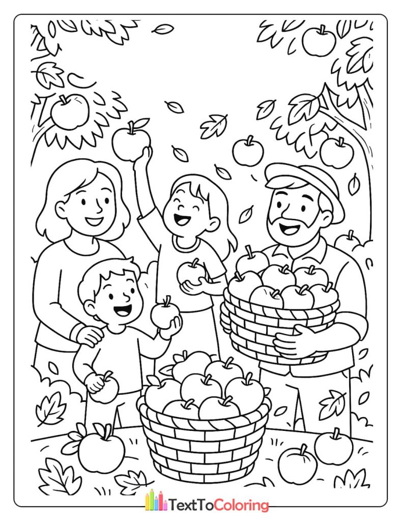 A family apple-picking coloring page showing a family of four gathering apples in a basket from a tree.