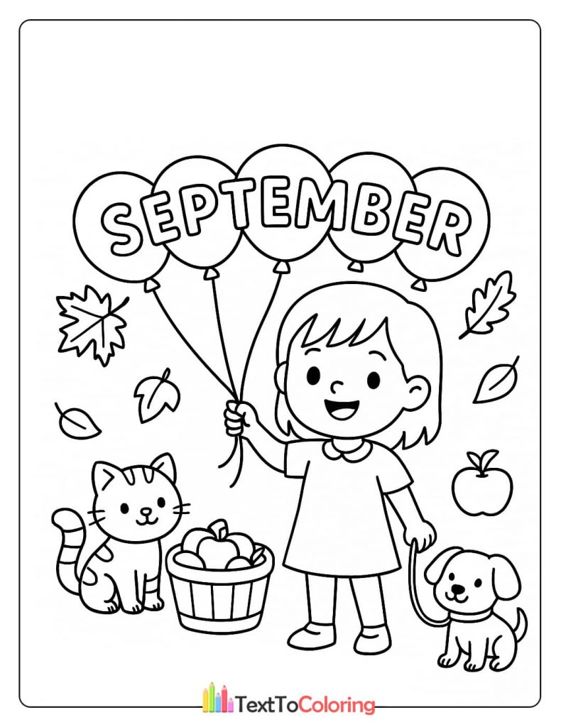 A September coloring page with a girl holding balloons that spell "September," a kitten, a puppy, and a basket of apples.