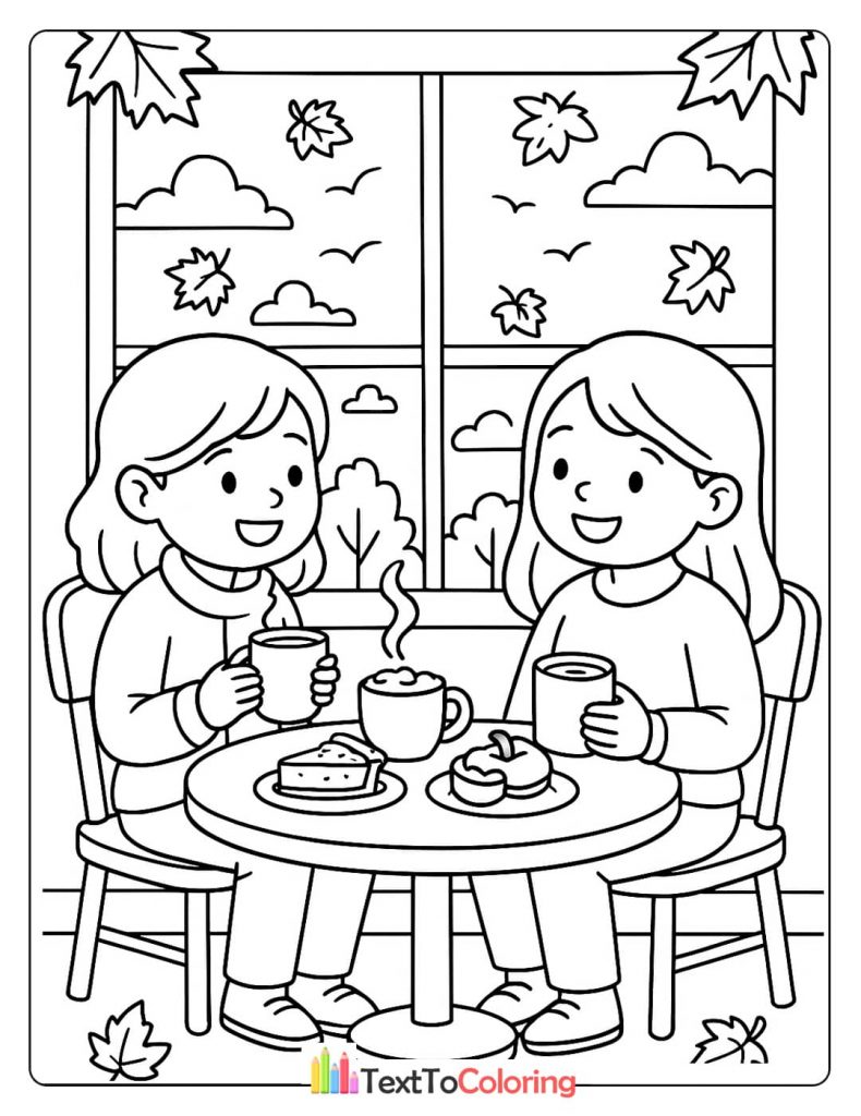 A coloring page of two friends enjoying coffee and pastries at a cafe, with autumn leaves outside the window.