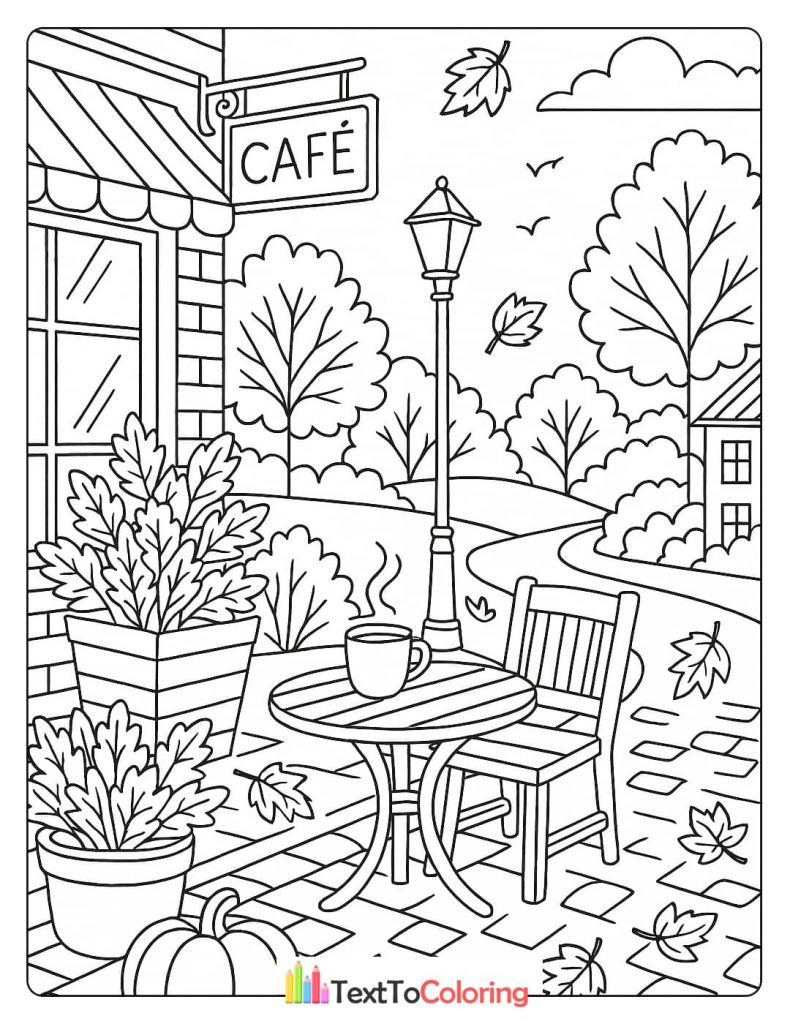 A coloring page of an outdoor cafe scene on a street with a lamp post, trees, and falling autumn leaves, with a table and a chair.