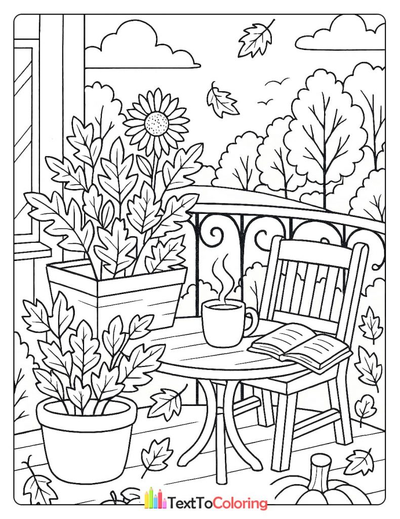 A cozy autumn coloring page of a balcony scene with a chair, a table, and a steaming mug, surrounded by potted plants, a pumpkin, and falling leaves.