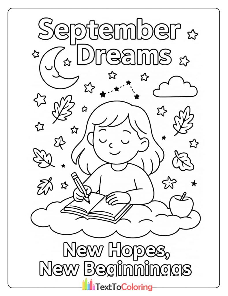 A "September Dreams" coloring page showing a girl writing in a book on a cloud, with stars, clouds, and autumn leaves.