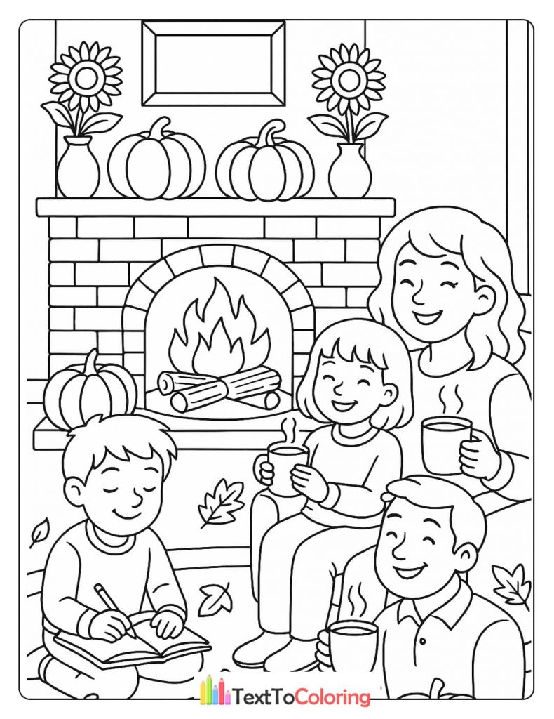 A family coloring page of a cozy autumn day indoors, with a family sitting by a fireplace surrounded by pumpkins and sunflowers.