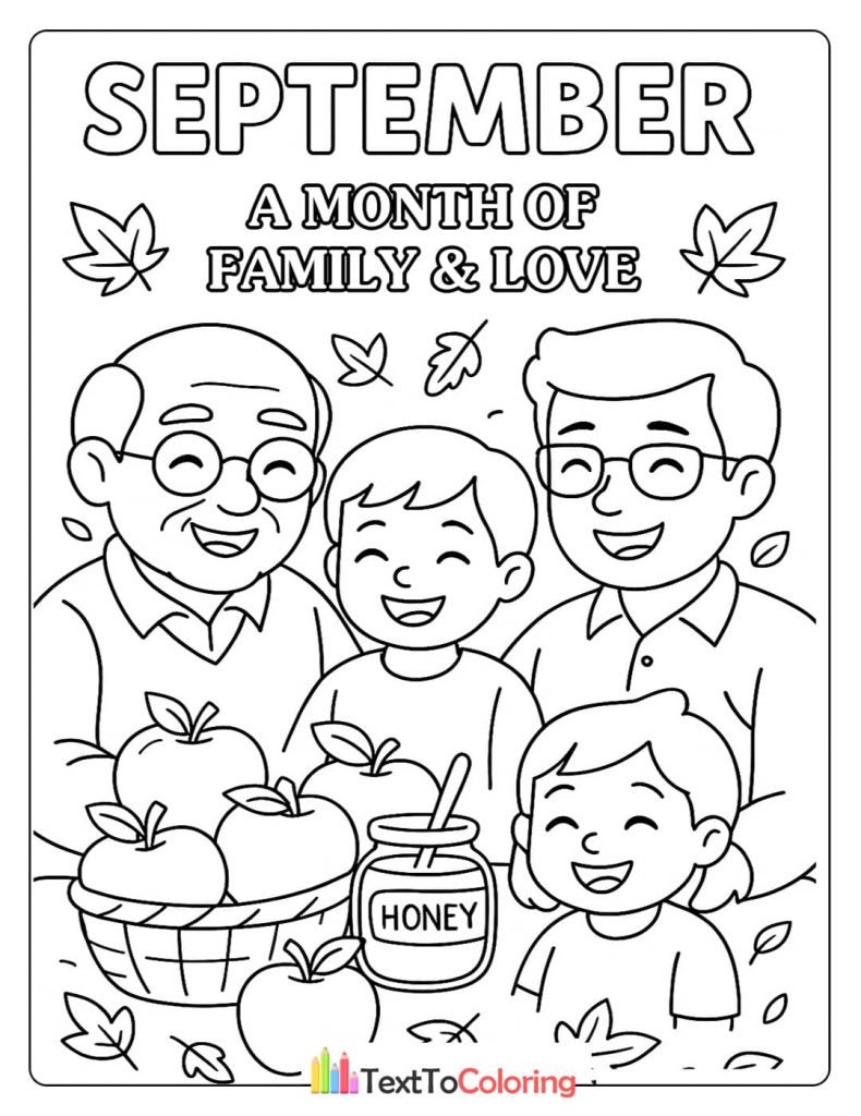 A September coloring page about family and love, showing a multi-generational family portrait with apples and a jar of honey.
