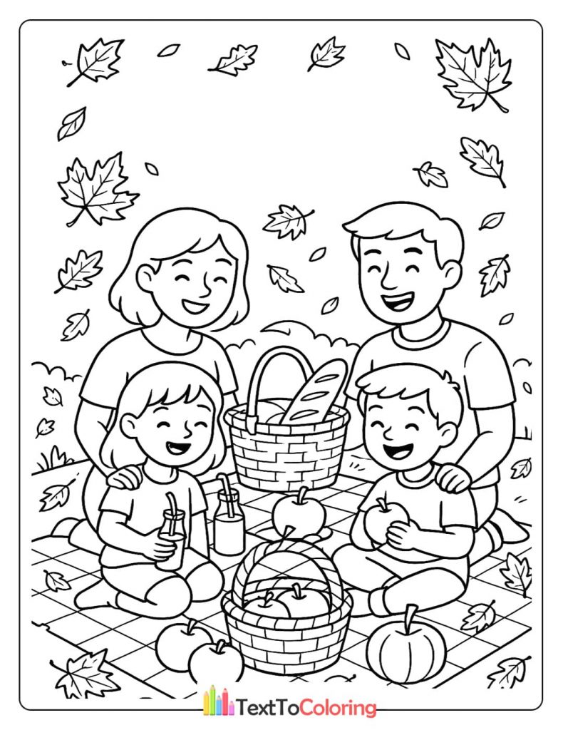 A family picnic coloring page showing a family of four enjoying a picnic blanket, with a basket of food and a pumpkin, surrounded by fall leaves.