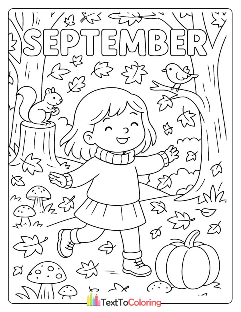 A coloring page with a girl playing in a forest in September, with a squirrel, a bird, a pumpkin, and mushrooms.