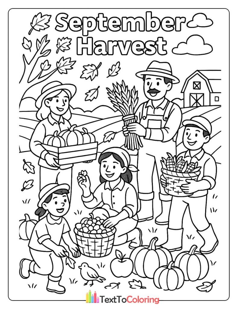 A family harvest coloring page showing a group of people gathering pumpkins, apples, and corn in a field with a barn in the background.