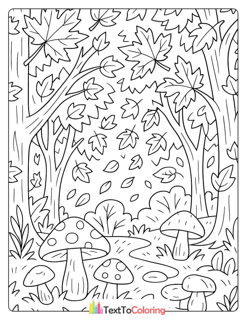 An autumn forest coloring page with large mushrooms on the ground and various fall leaves falling from the trees.