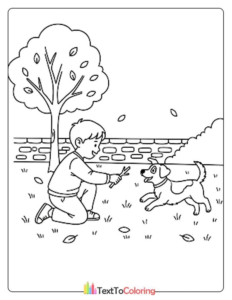 A simple coloring page of a boy playing with his dog in a park with a tree and a stone fence, surrounded by a few falling leaves.