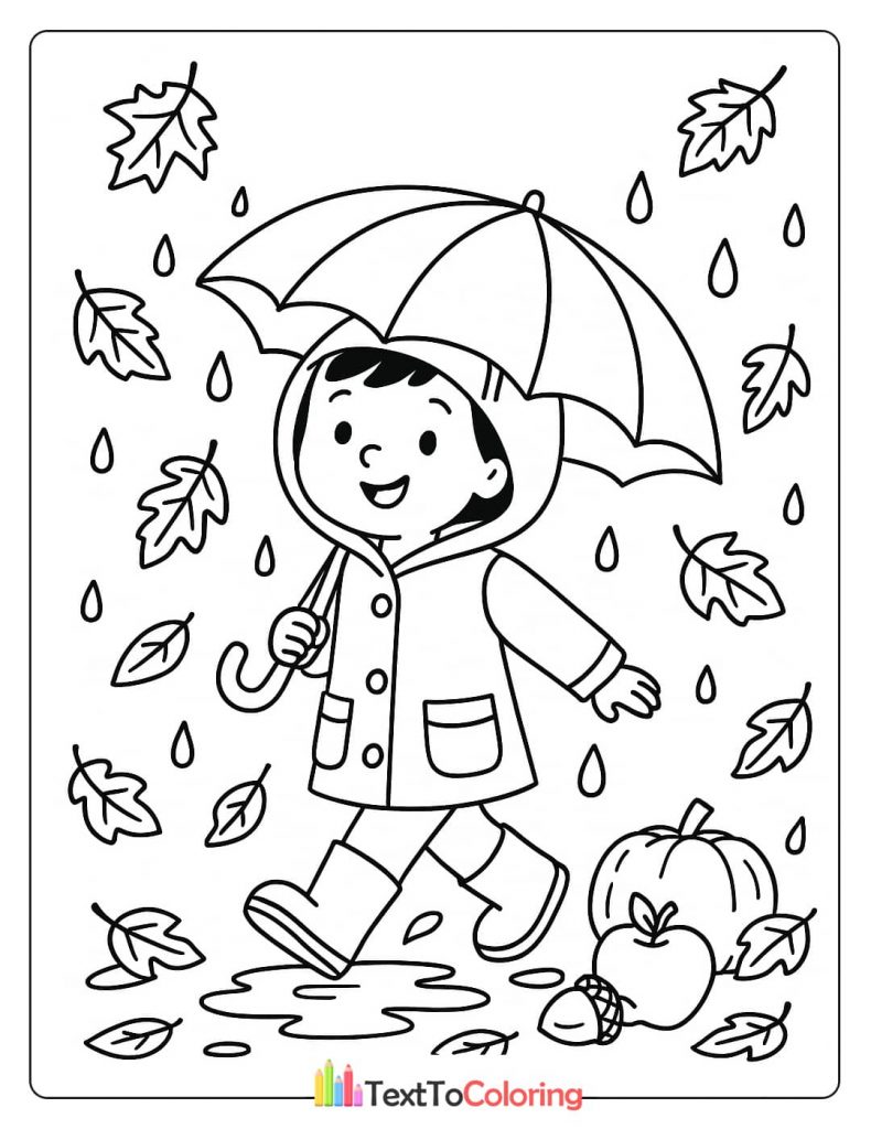 A rainy day coloring page with a smiling child in a raincoat and boots, holding an umbrella, with fall leaves and a pumpkin on the ground.