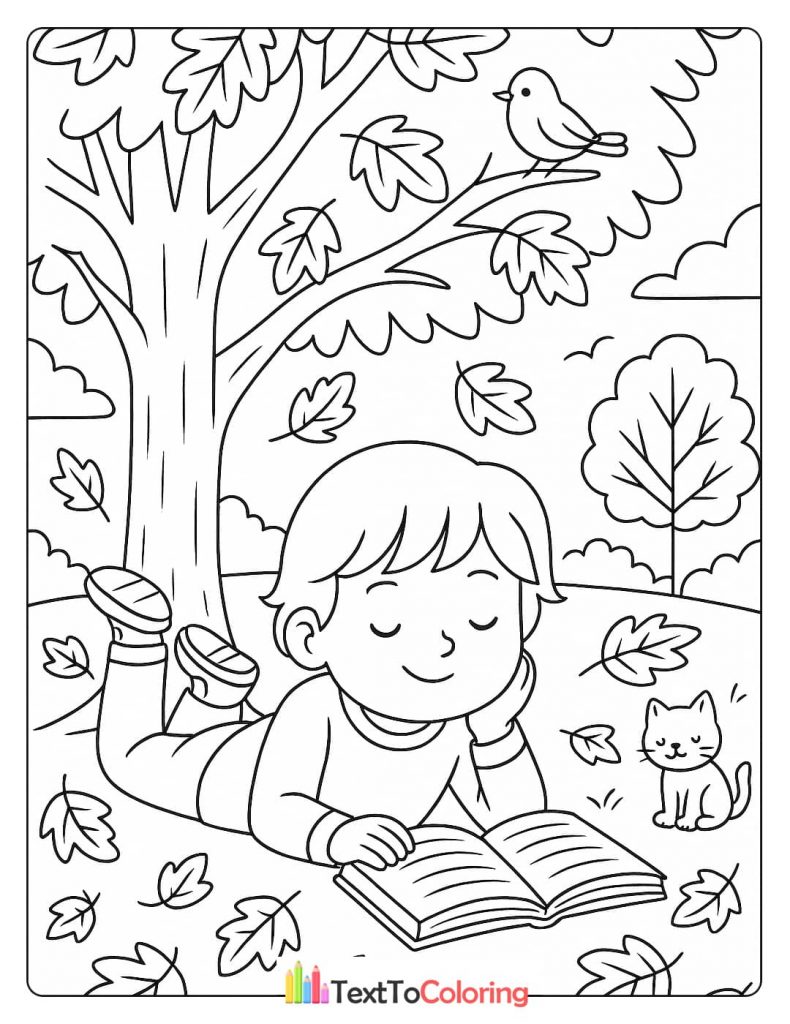 A coloring page of a child lying under a tree and reading a book with a cat and a bird, surrounded by autumn leaves.