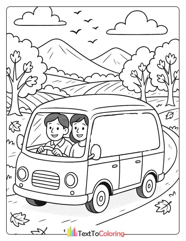 A coloring page of a couple on a road trip in a van, driving through a scenic autumn landscape with mountains and falling leaves.