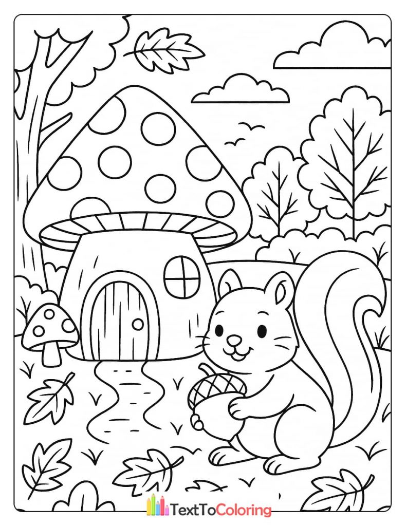 A whimsical forest coloring page with a cute squirrel holding an acorn in front of a mushroom-shaped house, with falling autumn leaves.