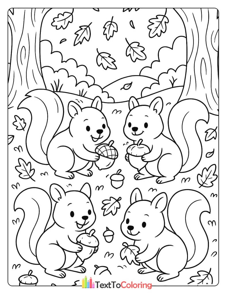 A cute coloring page showing four squirrels gathering acorns and playing in the autumn forest with falling leaves.