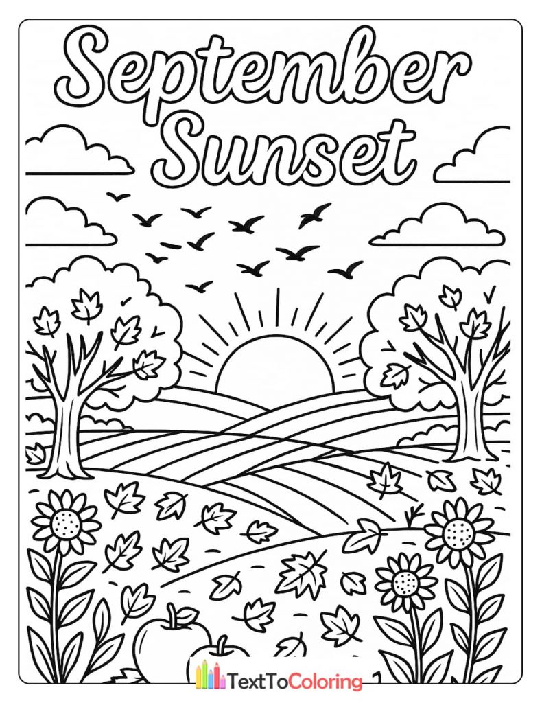A coloring page of a September sunset over a field with trees, flowers, flying birds, and falling leaves.