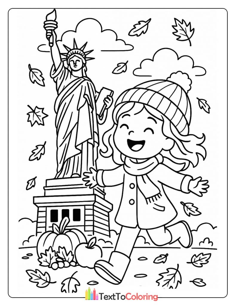 A coloring page featuring a happy girl in a beanie and scarf in front of the Statue of Liberty, with autumn leaves and a pumpkin.