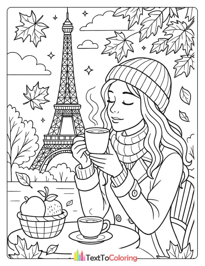 A coloring page of a girl enjoying a hot drink in Paris during the autumn, with the Eiffel Tower in the background and falling leaves.