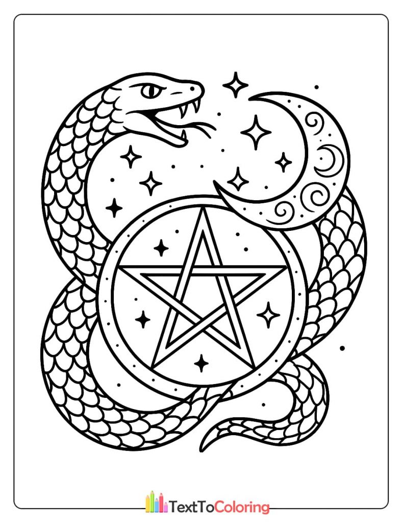 A symbolic coloring page of a serpent coiled around a large pentacle. The design includes a crescent moon and scattered stars, representing powerful Wiccan symbols.