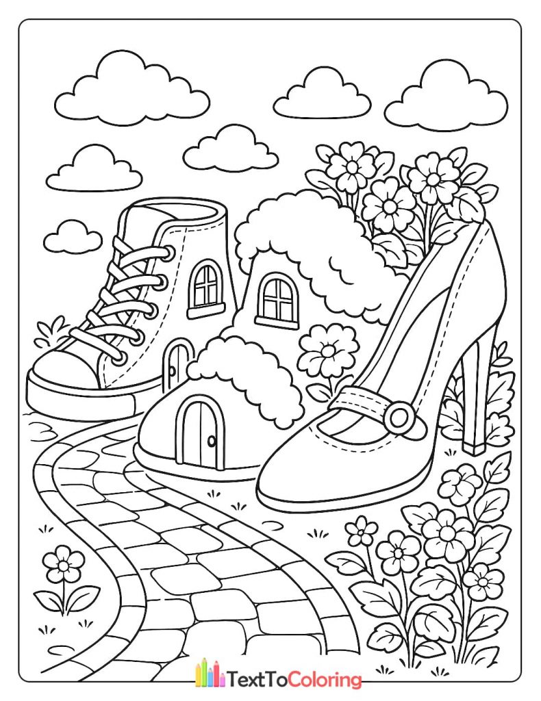A coloring page of three houses shaped like a sneaker, a boot, and a high-heeled shoe.