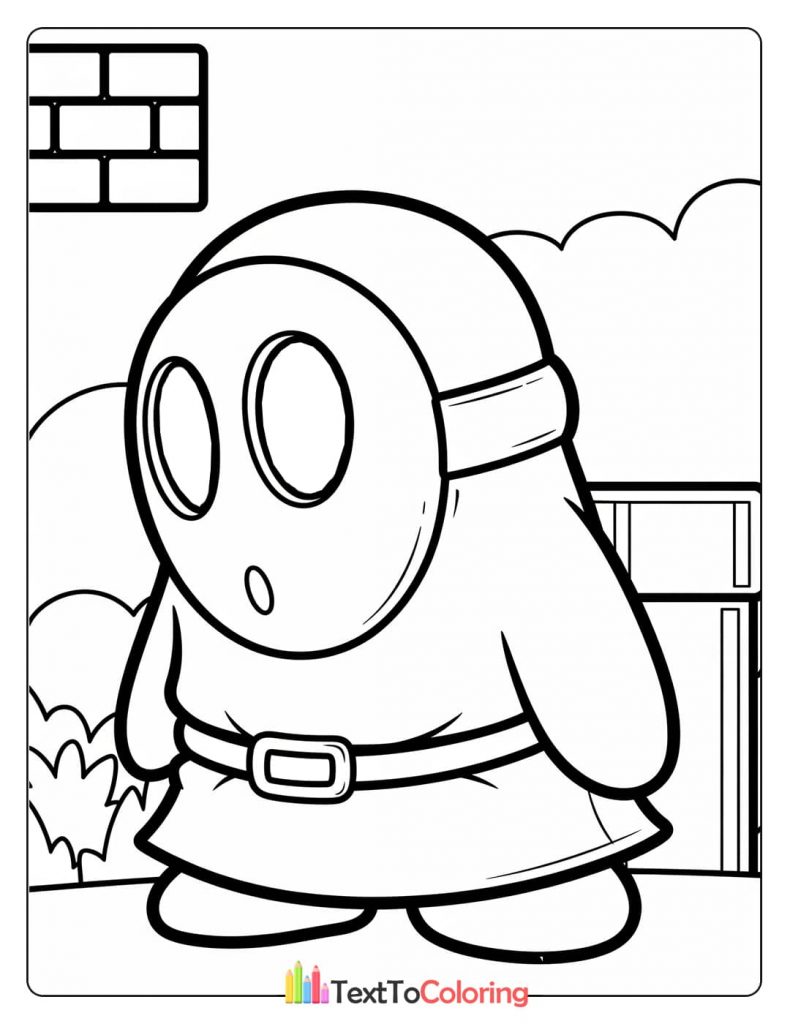 A coloring page of a Shy Guy character