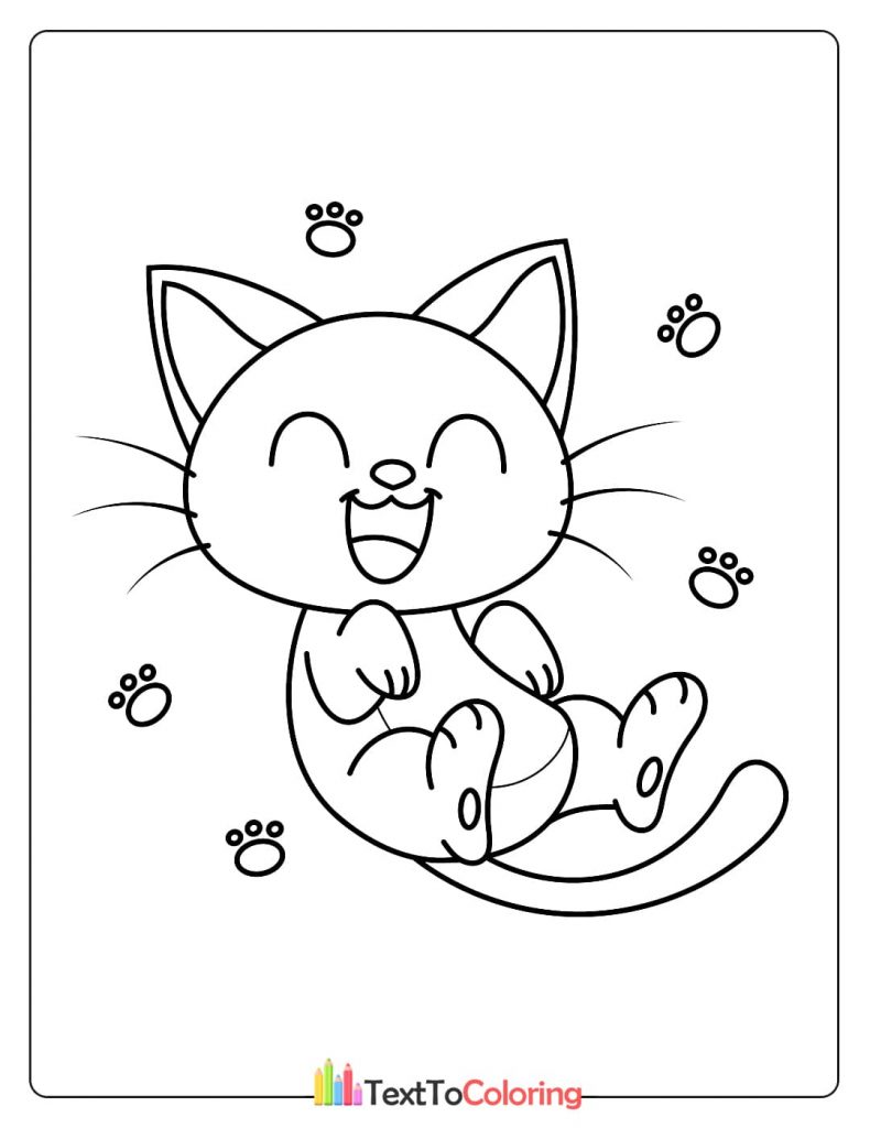 A playful coloring page of a happy kitten with a wide smile, rolling on its back with its paws in the air.