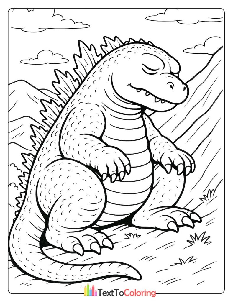 A coloring page of a peaceful Godzilla sitting and sleeping on a mountainside.